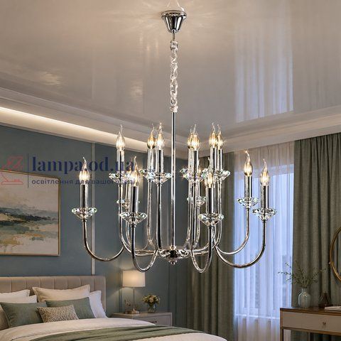 Велика двоярусна люстра зі свічками Splendid Ray L9048/8+8 (silver), хром, 16 ламп E14, діаметр 75 см 30421325 фото