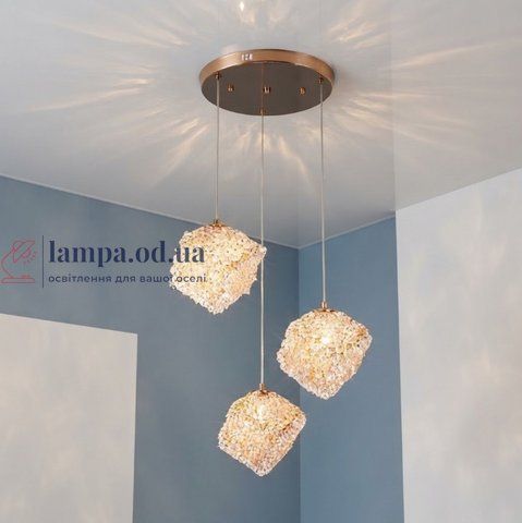 Підвісна люстра з каскадом із 3 кришталевих кубів Levistella 9988006F-3 (280) GD, 3xG9, золото, плафоны 15 см LVS7631 фото