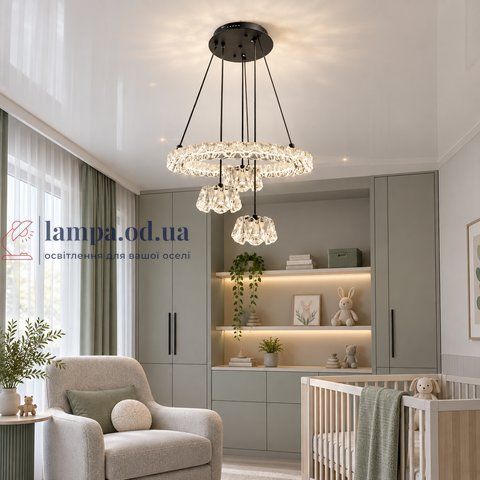 Підвісна LED люстра з 3 кільцями та кришталевим каскадом Linisoln 2808-3 BK, 55 Вт, чорний, 50 см, 10-12 м&sup2; 2808-3 BK фото