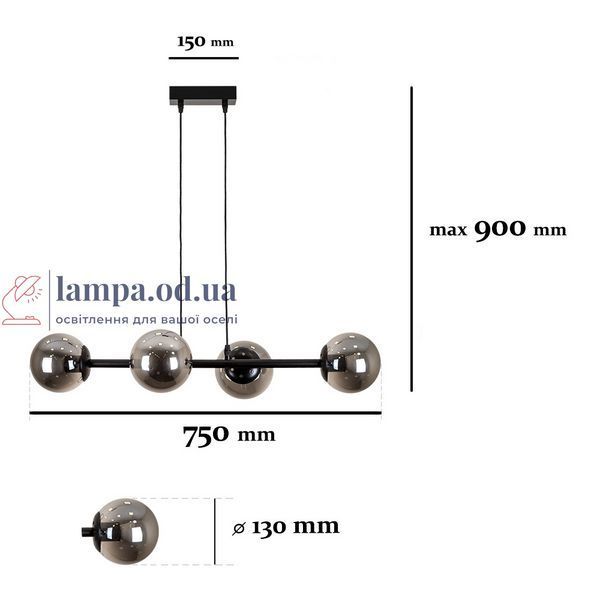Люстра стельова Levistella 7529909-4 BK+BK, E27, чорний метал, сучасний стиль, 4 плафони, скло LVS4782 фото