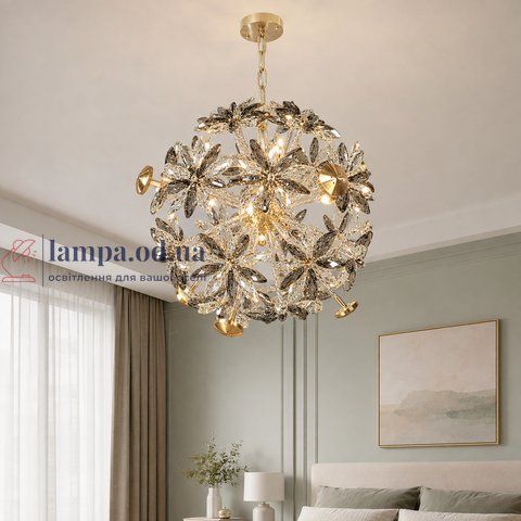 Декоративна підвісна люстра-сфера Artlight 25007-500GD золота на 12 ламп G4 з прозорими та графітовими скляними квітами 25007-500GD фото